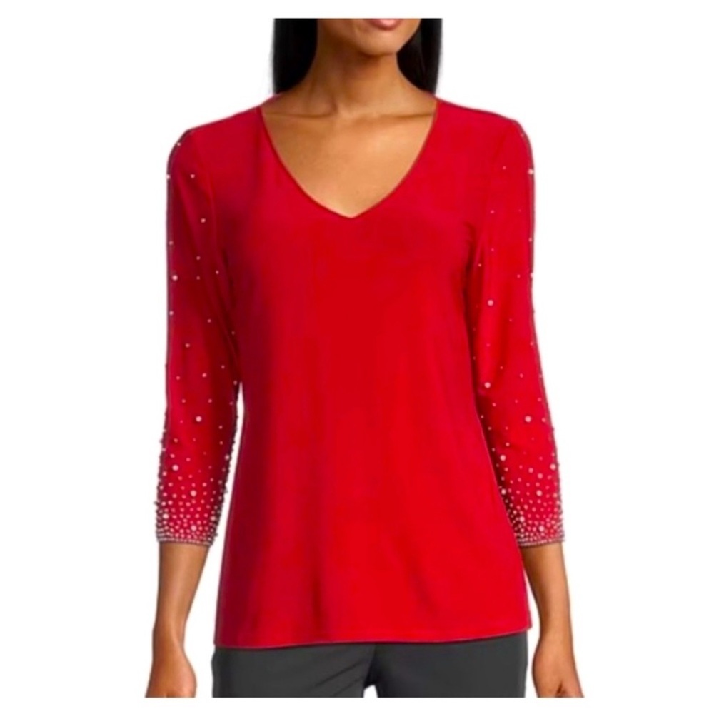 NWT MSK Red V-Neck Blouse With Embellished Beads/Pearl Sleeves Women’s Sz Medium